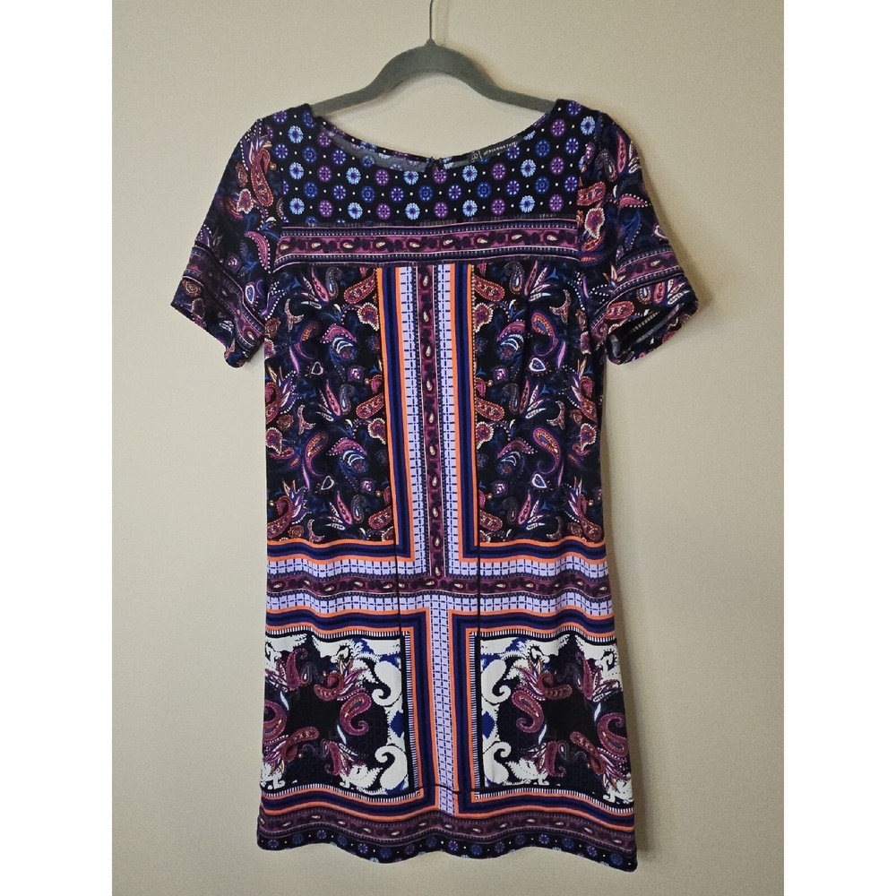 Adrianna Papell Dress Women S Purple Pink Black Print Shift Crochet Designer